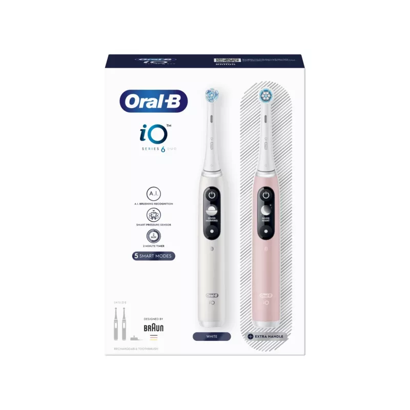 Braun Oral-B iO Series 6 Duo Elektryczna Szczoteczka do Zębów 2-Pak Biały/Różowy