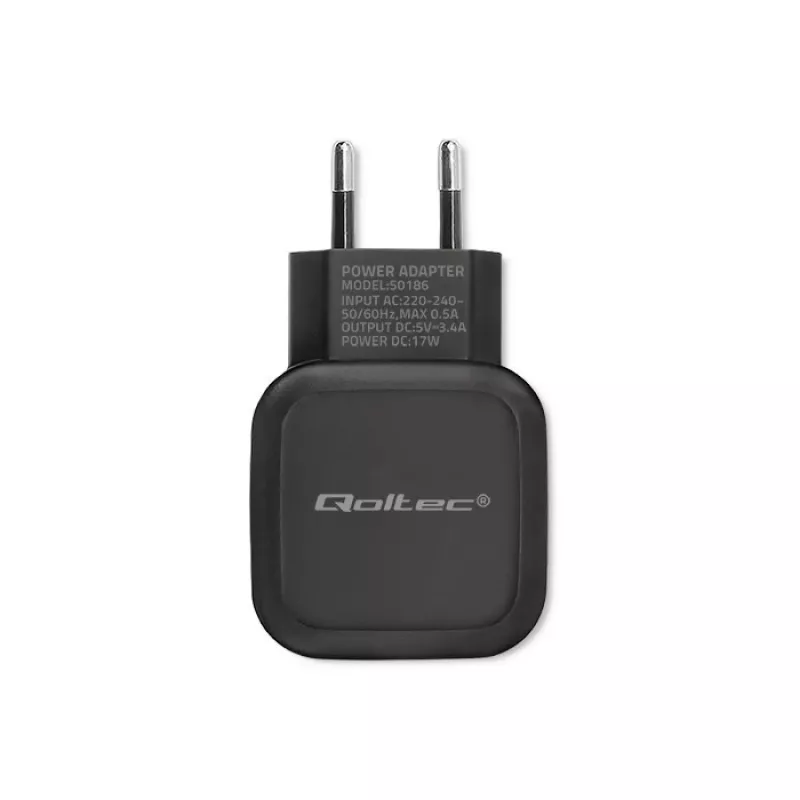 Ładowarka sieciowa QOLTEC 50186 do smartfonów i tabletów, 5 V 3,4 A, 17 W, 2× USB, czarna
