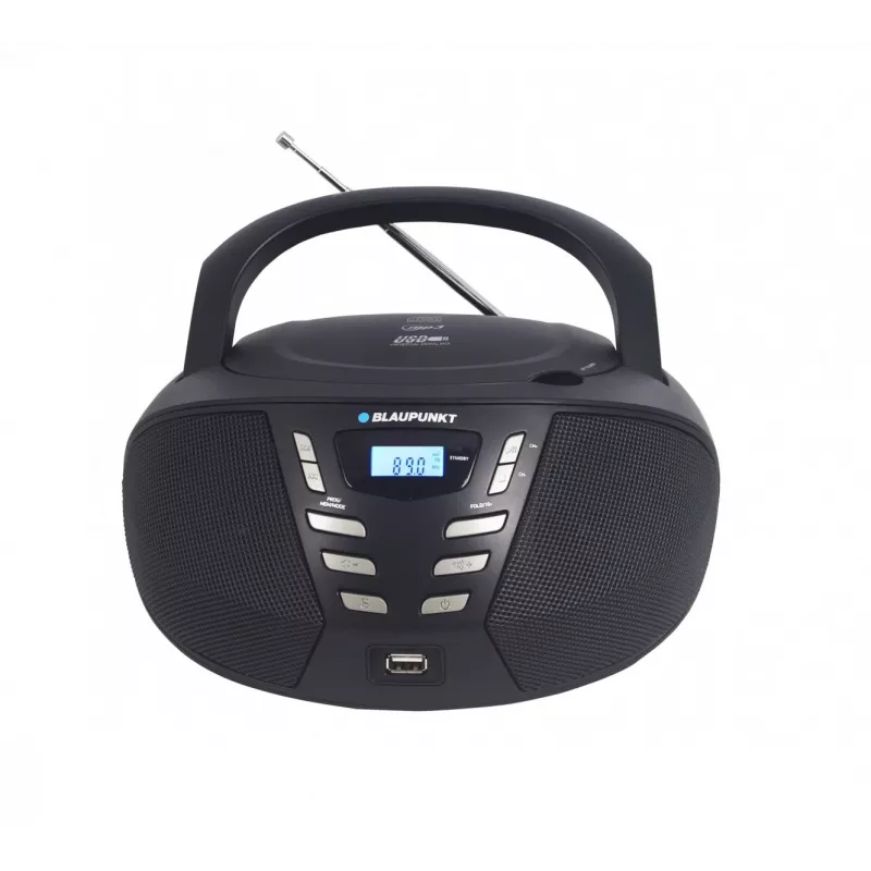 Przenośny odtwarzacz CD Blaupunkt BB7BK — MP3, radio FM, USB, AUX, zasilanie bateryjne, 2 wbudowane głośniki, 240×230×128 mm