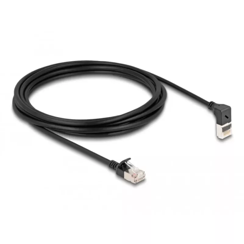 Kabel sieciowy DeLOCK RJ45 Cat.6A S/FTP cienki 90° 3 m Czarny