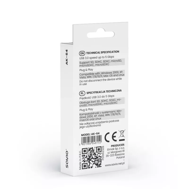 Czytnik kart SAVIO AK-64 USB 3.2 Gen 1 wyjście Type-A, slot MicroSD, 5000 Mbit/s, czarny