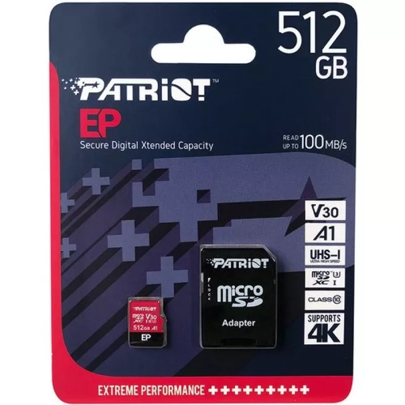 Karta pamięci MicroSDXC PATRIOT 512 GB UHS‑I U3 V30 Class 10, odczyt do 90 MB/s, w zestawie adapter