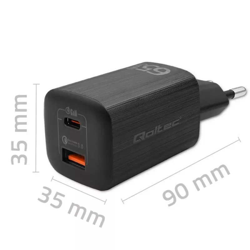 Qoltec 50766 Ładowarka do urządzeń mobilnych Laptop, Przenośna konsola do gier, Power bank, Smartfon, Smartwatch, Tablet Czarny AC Szybkie ładowanie Wewnętrzna
