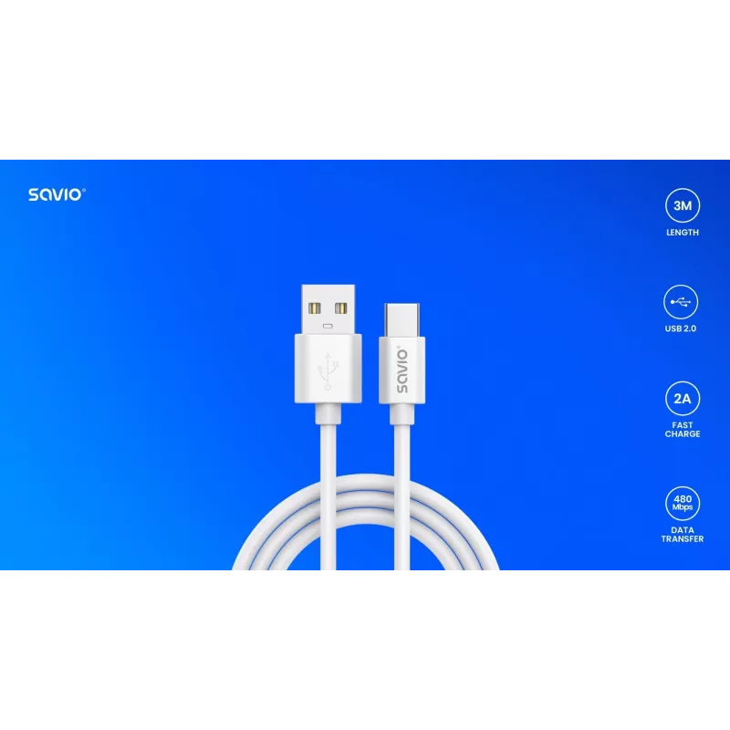 Kabel USB 2.0 SAVIO CL-168, USB A (męski) do USB C (męski), 3 m, biały