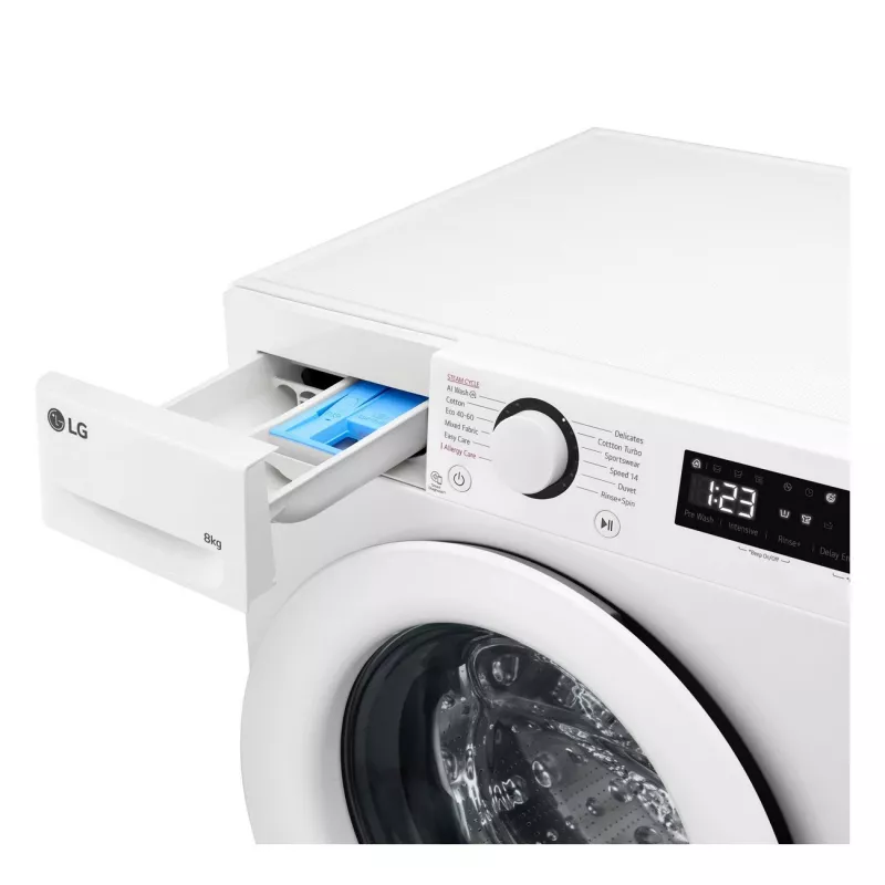 LG | Pralka | F2WR508SWW | Klasa efektywności energetycznej A-10% | Ładowanie od przodu | Wsad 8 kg | 1200 obr./min | Głębokość 47,5 cm | Szerokość 60 cm | Wyświetlacz | LED | Funkcja parowa