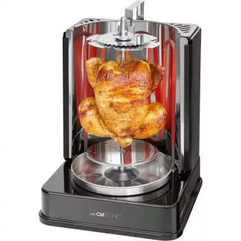 Pionowy multigrill elektryczny CLATRONIC DVG 3686 — 1400 W, czarny, rożen obrotowy i 6 szpikulców