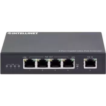 Intellinet 4-Portowy Gigabitowy Ultra Extender PoE, Zwiększa zasięg PoE nawet o 100 m, Budżet mocy PoE 90 W, Cztery porty PSE z wyjściem do 30 W, Zgodny z IEEE 802.3bt/at/af, Obudowa metalowa