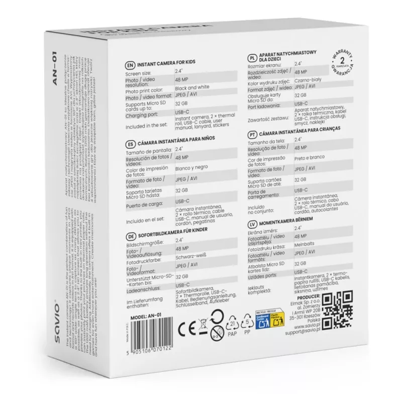 Aparat natychmiastowego druku SAVIO AN-01 dla dzieci, biały, 2,4-calowy LCD, MicroSDHC do 32 GB, USB-C, bateria 1200 mAh, bez wbudowanej lampy błyskowej