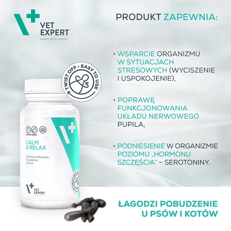 Suplement uspokajający VETEXPERT Calm&Relax 30 kapsułek dla psów i kotów, bezglutenowy, bez konserwantów, w formie kapsułek