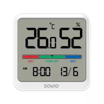 Wewnętrzny czujnik temperatury i wilgotności SAVIO CT-01/W, wyświetlacz LCD, -10–55°C, 10–99%RH, bateria CR2032