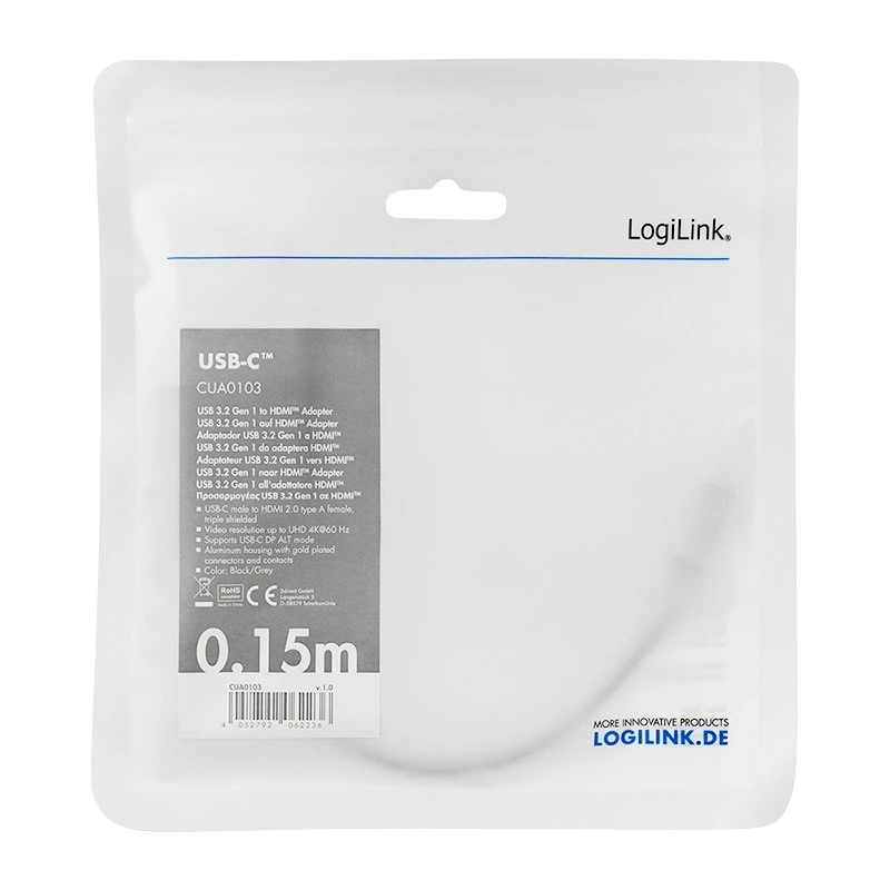 LogiLink CUA0103 Kabel USB 3.2 Gen1 Type-C na HDMI-A 0,15 m Czarny Szary