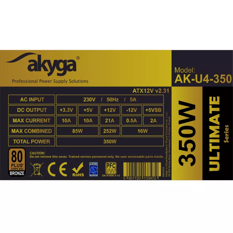 Zasilacz ATX Akyga AK-U4-350 Ultimate 350 W, 80 PLUS Bronze, aktywny PFC, wentylator 120 mm