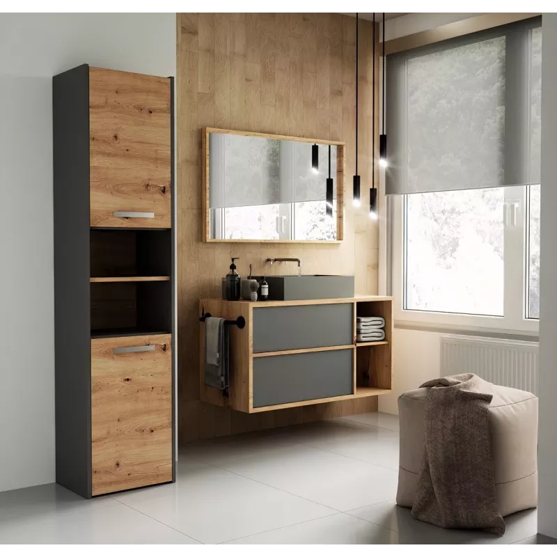 Szafka łazienkowa Topeshop S40 ANTRACYT/ARTISAN, wolnostojąca, 400×300×1700 mm, 6 półek, 2 drzwi