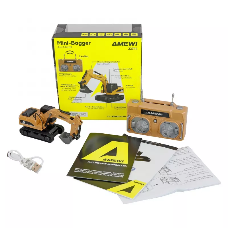Koparka RC model Amewi 22744 skala 1:64, silnik elektryczny, LiPo 200 mAh, dla dzieci od 6 lat