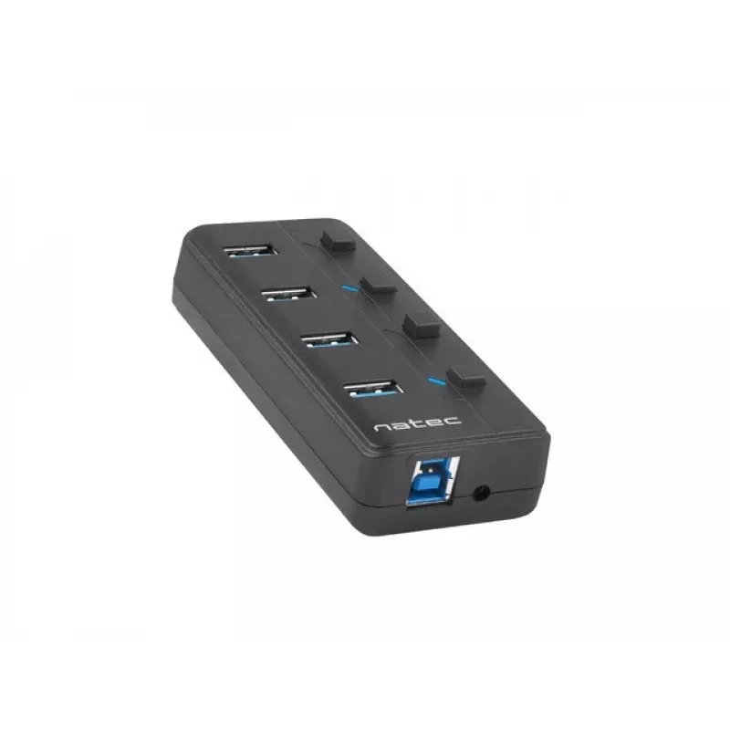 Hub USB NATEC MANTIS USB 2.0 Type-B — 4x porty USB 3.2 Gen 1 Type-A, czarny, kabel 0,8 m, zasilacz sieciowy, wyłącznik zasilania