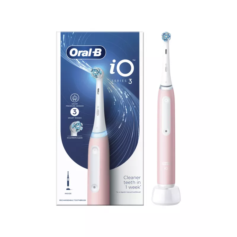 Szczoteczka elektryczna Oral-B iO3 Series, ładowalna, dla dorosłych, liczba dołączanych końcówek: 1, kolor Blush Pink, liczba trybów szczotkowania: 3