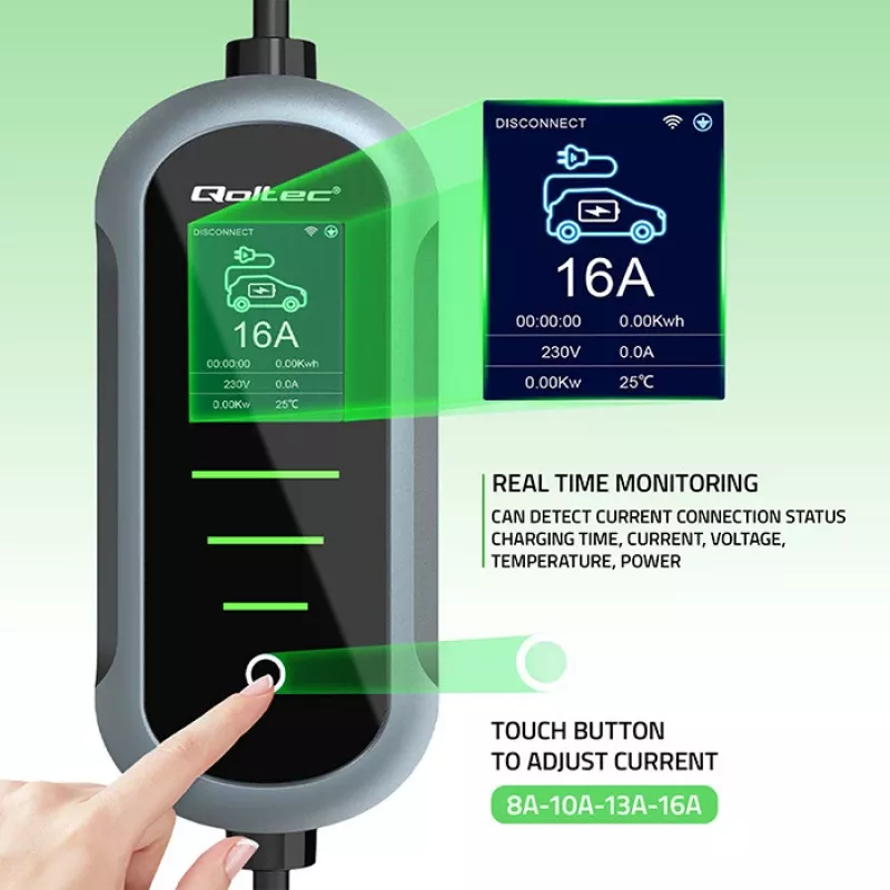 Ładowarka samochodowa elektryczna QOLTEC Mobile EV 2in1 Type2 11 kW 400 V Wi‑Fi TUYA SMART LIFE LCD przenośna wallbox kabel 5 m