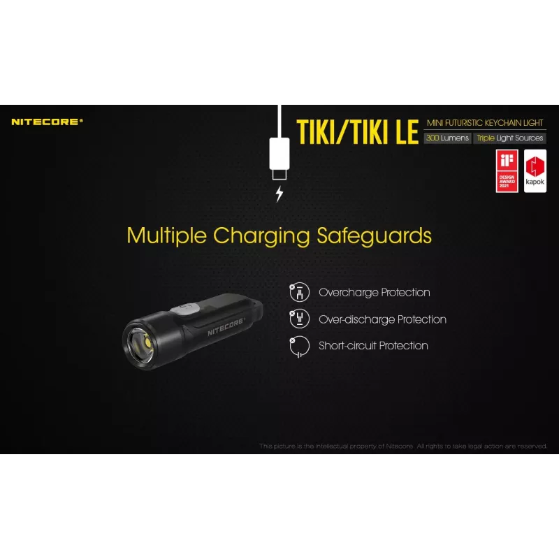 LATARKA RĘCZNA Nitecore TIKI LE — 300 lm, ładowanie przez USB, poliwęglan, IP66, odporna na wstrząsy, 10,5 g, 55 mm, czarna