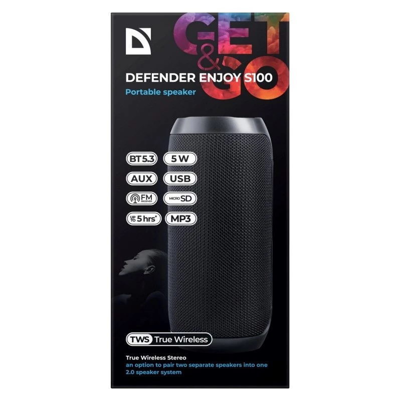 Przenośny głośnik Bluetooth DEFENDER ENJOY S100 — 10W, Bluetooth 5.3, 5h bateria, podświetlenie LED, wbudowany mikrofon