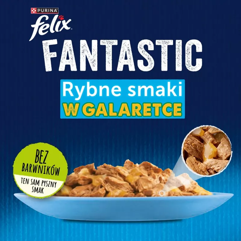 Mokra karma dla kota Purina Nestlé FELIX Fantastic smaki rybne — tuńczyk, łosoś, dorsz, flądra, 12×85 g saszetek