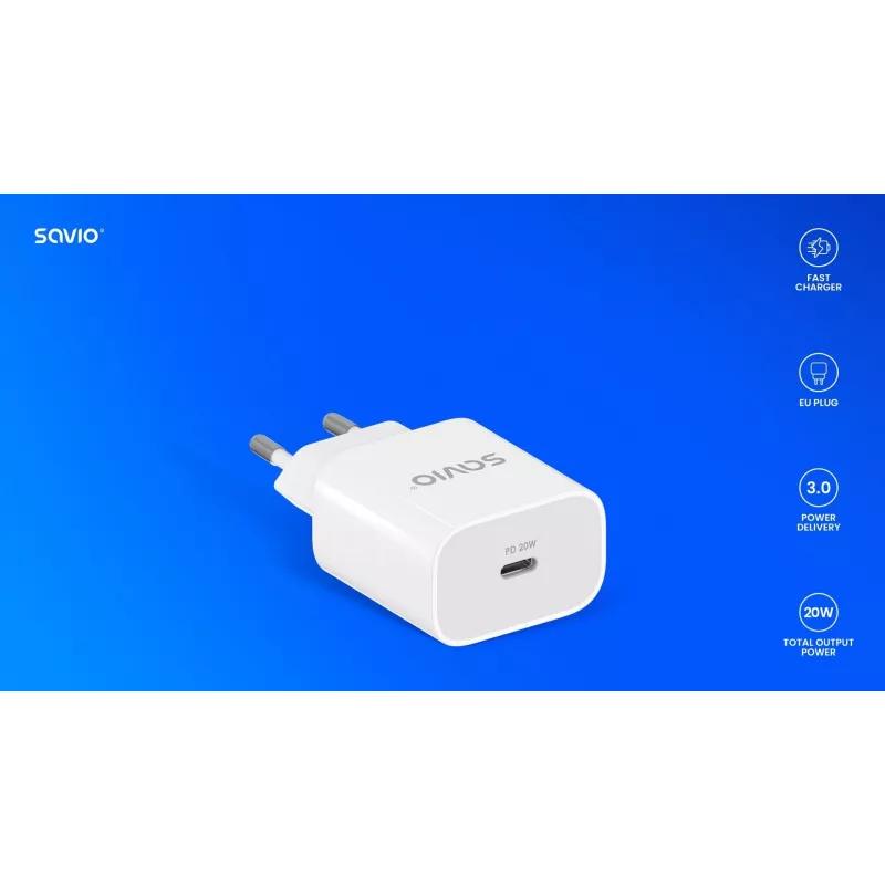 Ładowarka ścienna 20W LA-09 USB-C QC, PD 3.0 Savio SAVLA-09