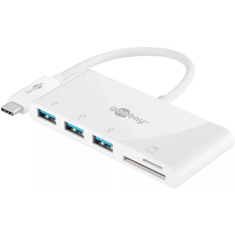 Goobay USB-C™ Multiport Adapter Card Reader, biały, 0,15 m - rozszerza urządzenie USB-C™ o trzy porty USB 3.0 oraz slot na karty SD/MMC i Micro SD (62097)