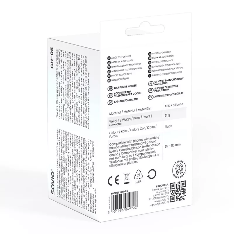 Uchwyt na telefon SAVIO CH-05, czarny — trwałe akcesorium ochronne do telefonów komórkowych