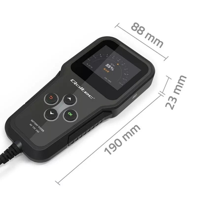 Qoltec 52489 Cyfrowy Analizator Akumulatorów 3 w 1 z Wyświetlaczem LCD i Wielojęzycznym Interfejsem 6V | 12V | 24V | 30Ah-200Ah