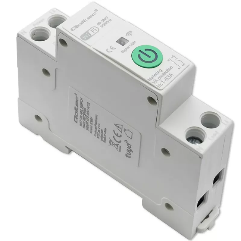 Przekaźnik WiFi na szynę DIN QOLTEC 50881 — przekaźnik przełączający zasilanie sieciowe 63A do instalacji elektrycznych