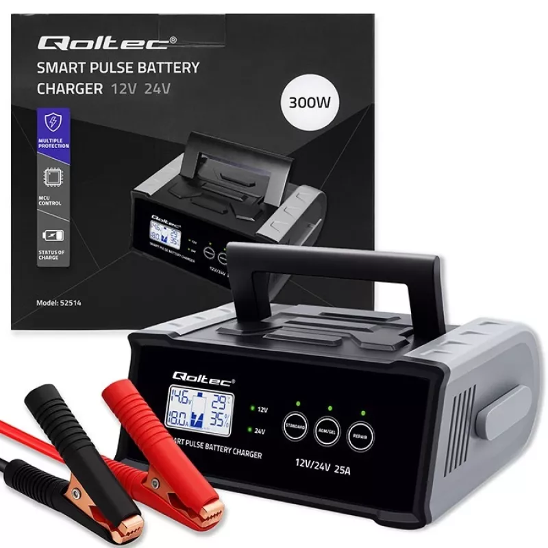 Prostownik QOLTEC 52514 — 12 V/24 V, 25 A, do akumulatorów AGM/żelowych/SLA z wyświetlaczem LCD