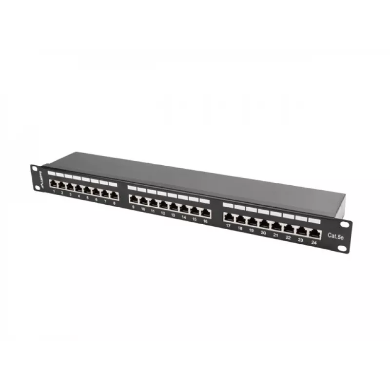 Patch panel 1U LANBERG PPS5-1024-B — 24-port RJ-45 Cat5, metal, czarny, montaż w szafie rack
