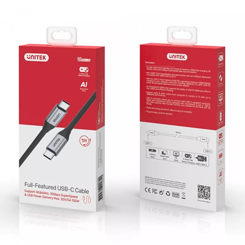 Kabel USB-C do USB-C do transmisji danych i ładowania Unitek C14082ABK 1 m, USB 3.2 Gen 2 (10 Gbit/s), 100 W PD, czarny
