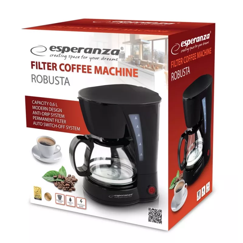 Ekspres przelewowy ESPERANZA EKC006, zbiornik na wodę 0,6 L, 650 W, czarny na blat