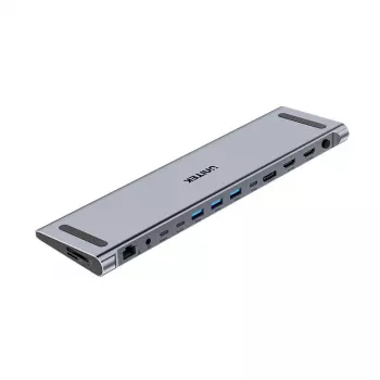 Przełącznik KVM Unitek D1106AGY01 USB-C stacja dokująca Triple 4K z KVM, 3x USB-A, 5x USB-C, HDMI×2, DP×1, RJ-45, czytnik SD, 3840×2160@60Hz, aluminium