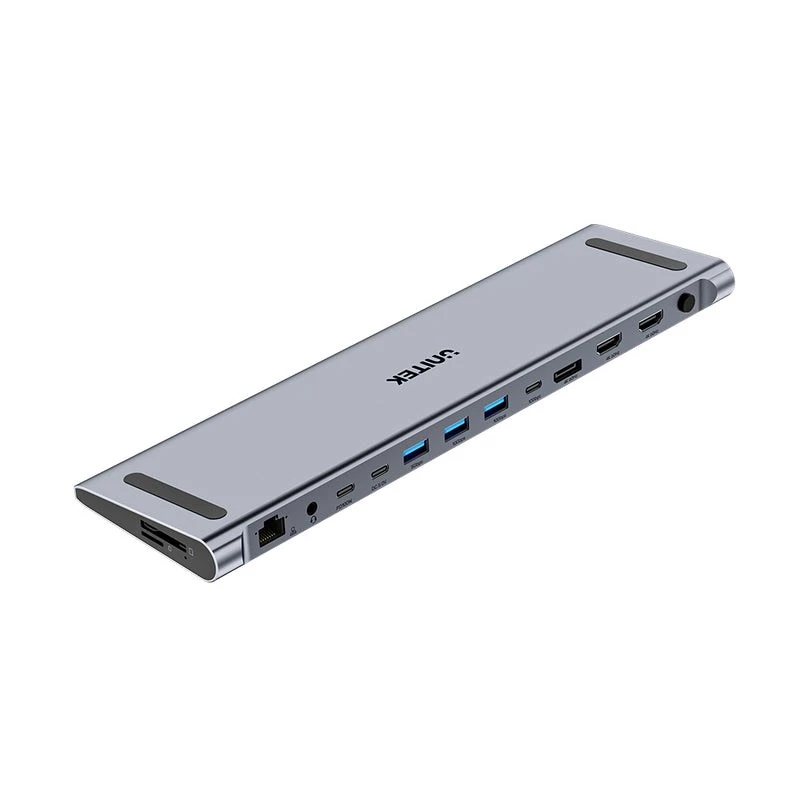 Przełącznik KVM Unitek D1106AGY01 USB-C stacja dokująca Triple 4K z KVM, 3x USB-A, 5x USB-C, HDMI×2, DP×1, RJ-45, czytnik SD, 3840×2160@60Hz, aluminium