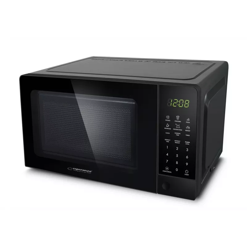 Kuchenka mikrofalowa solowa ESPERANZA EKO009 — 700 W, 20 L, wyświetlacz LED, sterowanie dotykowe, szklany talerz obrotowy 24,5 cm, czarna
