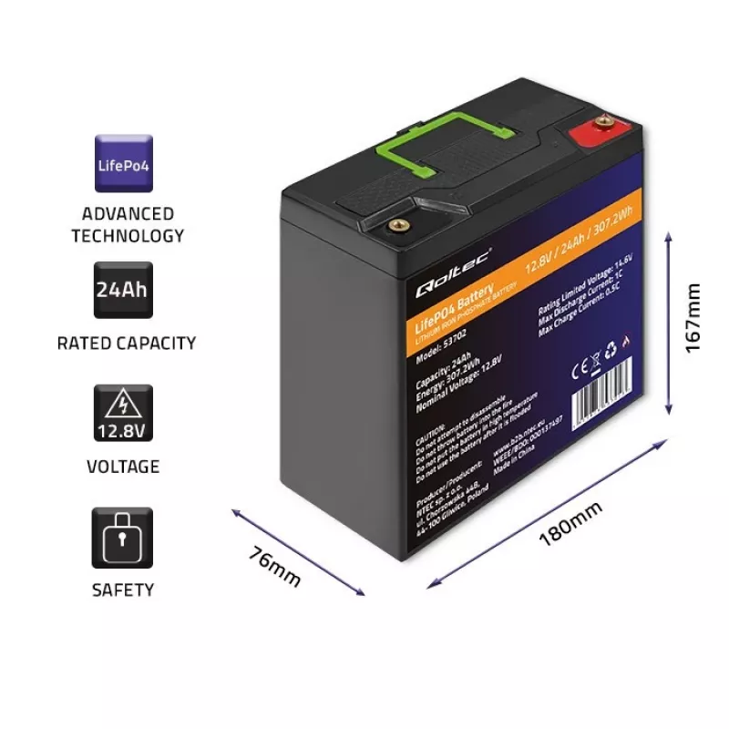 Qoltec 53702 Akumulator litowo-żelazowo-fosforanowy LiFePO4 | 12,8V | 24Ah | 307,2Wh | BMS