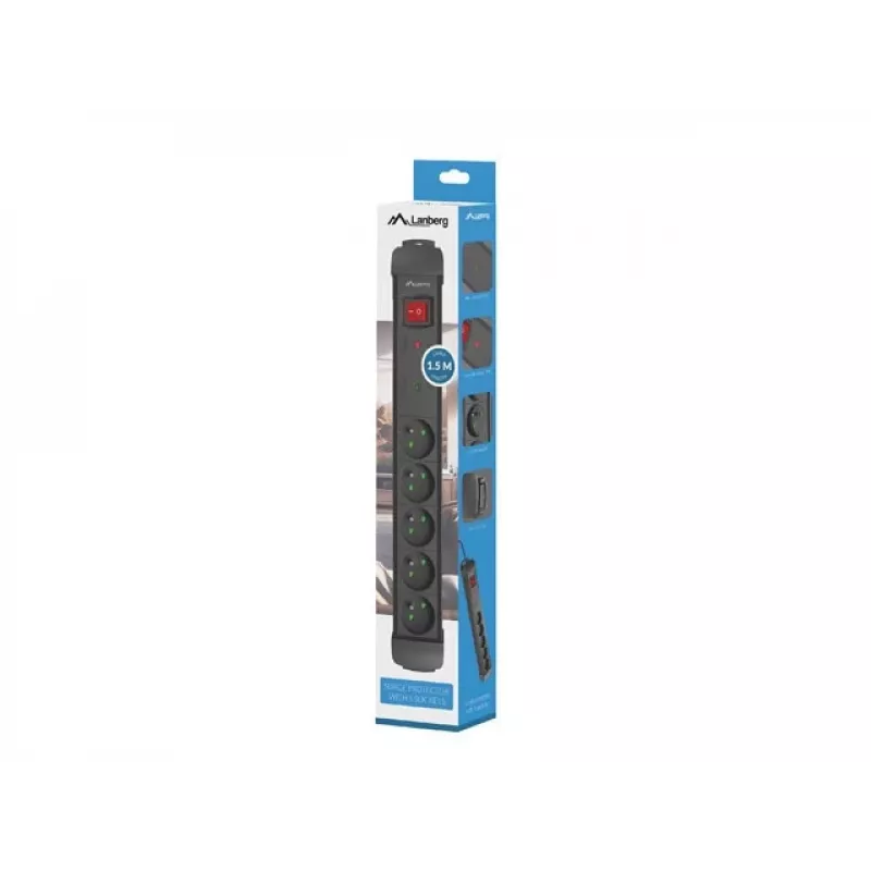 Listwa zasilająca LANBERG SP1 1,5m — 5x gniazd PL, Czarna