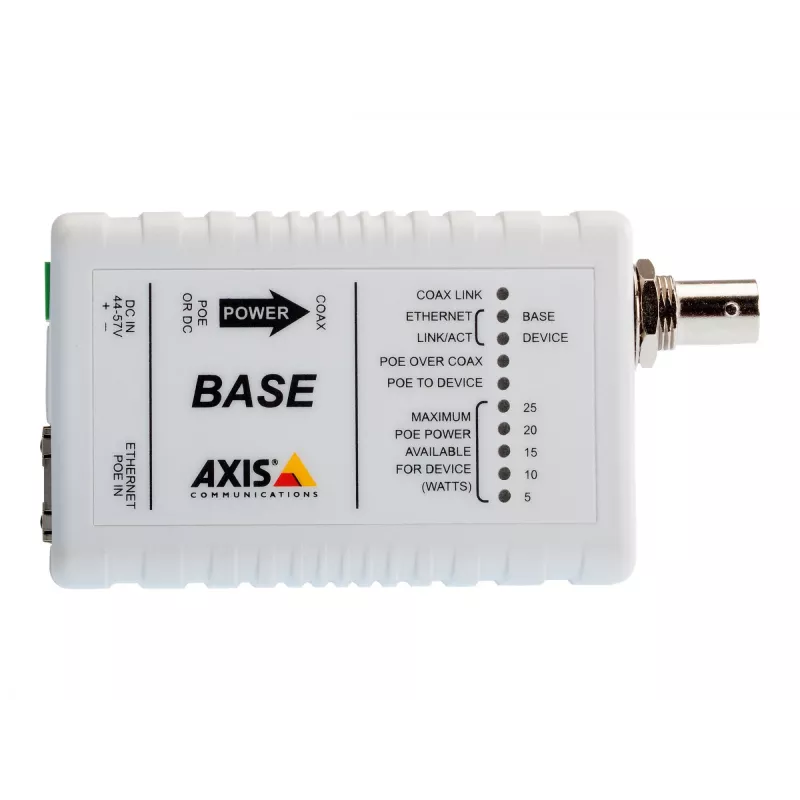 AXIS T8640 Adapter Ethernet przez koncentryk PoE+ — konwerter mediów — Ethernet, Fast Ethernet — 10Base-T, 100Base-TX — RJ-45 / BNC (komplet 2 szt.) — do AXIS P1346, P1346-E, P5534, P5534-