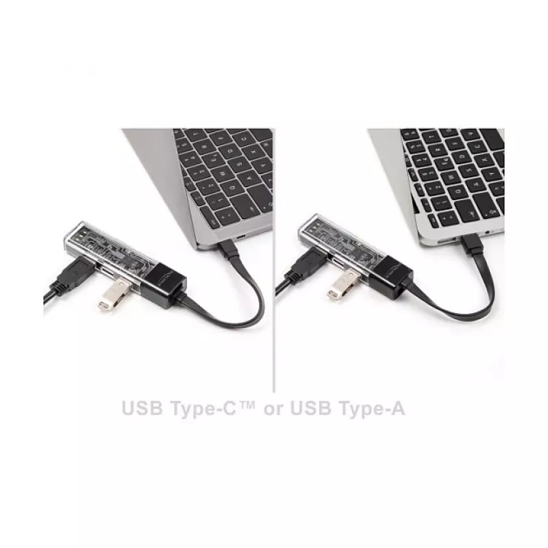 DELOCK USB 3.2 Gen 1 (3.1 Gen 1) 4-portowy hub z hostem Type-A + Type-C (5000 Mbit/s) Czarny/Przezroczysty