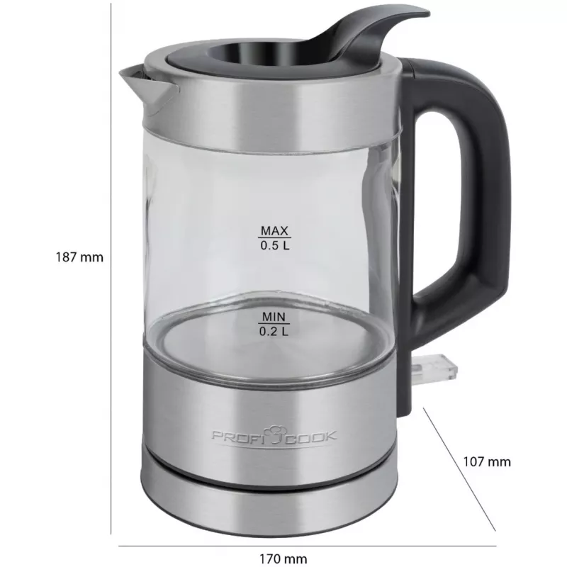 ProfiCook PC-WKS 1228 G czajnik elektryczny 0,5 l 1100 W stal nierdzewna, przezroczysty