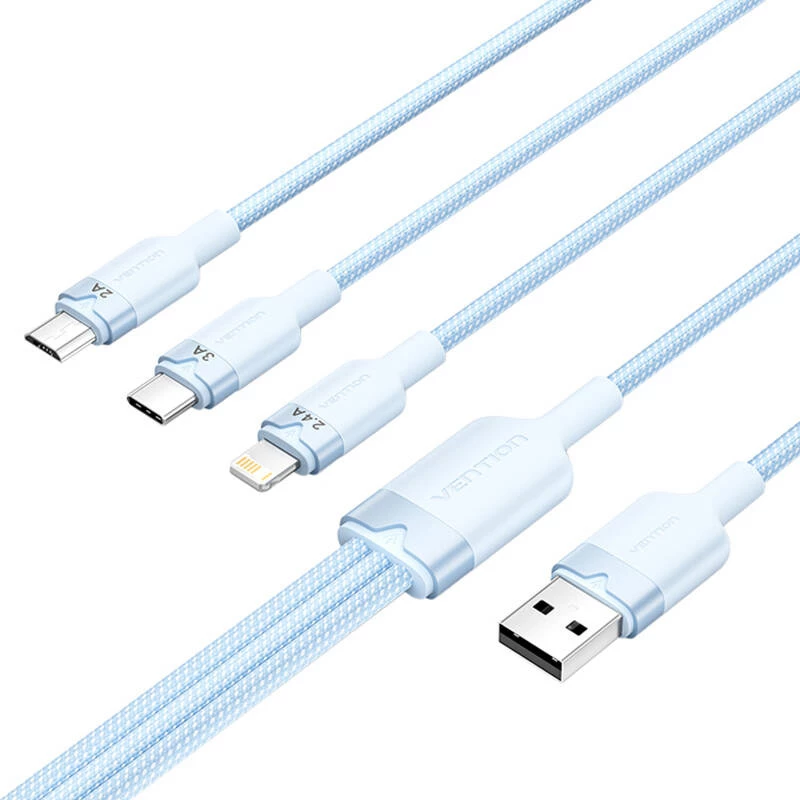 Kabel USB 2.0 A na 3-w-1 3A Vention CTPLG 1,5 m niebieski – dane i ładowanie