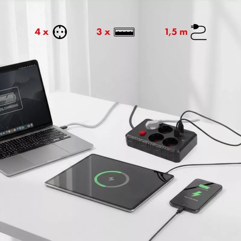 Listwa zasilająca MACLEAN MCE392 B — 4 gniazda, 3×USB, 110–240V, 2,1A, 2500W, kabel 1,5 m, czarna