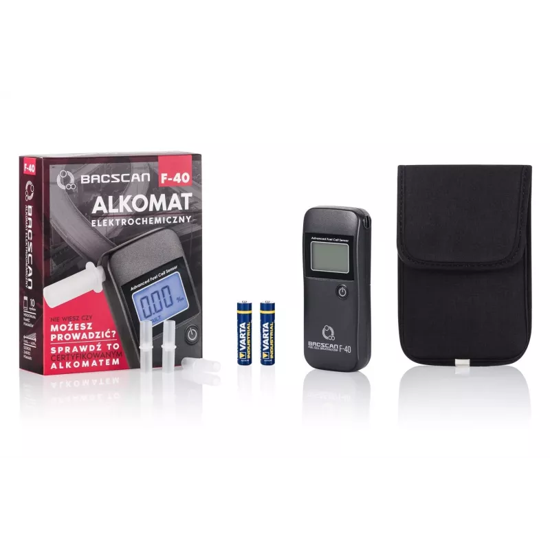 Alkomat BACscan F-40, bezkontaktowy, BAC 0–4%, dokładność 1%, czas nagrzewania 20 s, LCD, baterie AAA×2