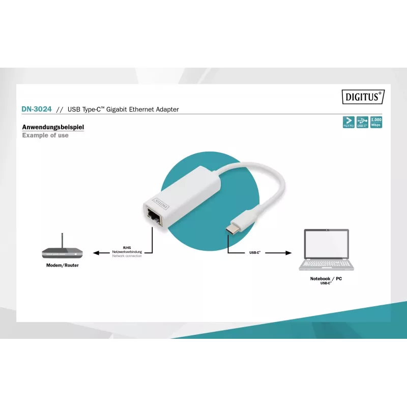 Digitus DN-3024 Adapter USB 3.0 20 cm 1x USB-C na 1x RJ45 Ekranowany