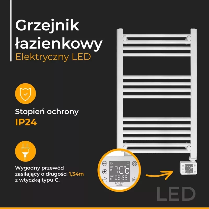 Elektryczny grzejnik łazienkowy Adler AD 7824 600 W, biały, IP24, do montażu na ścianie, 500×900 mm