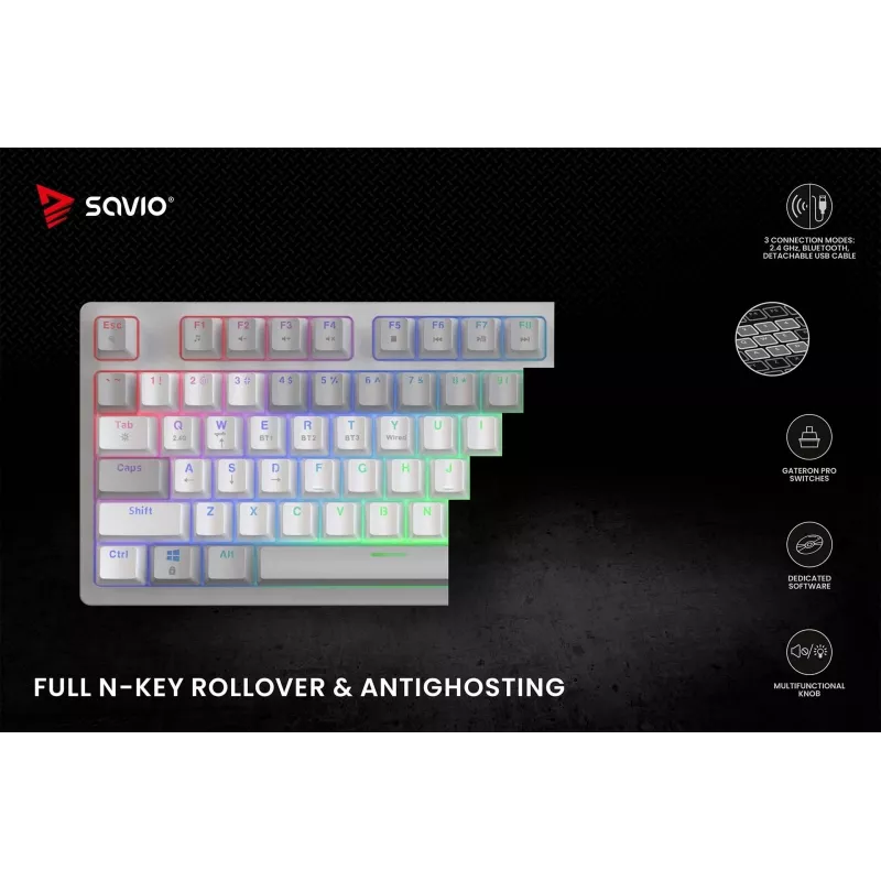 SAVIO PHENIX WHITE Bezprzewodowa Klawiatura Mechaniczna, Gateron Red Pro, ABS