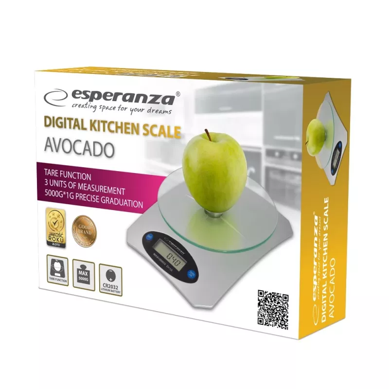 Elektroniczna waga kuchenna ESPERANZA Avocado Szara — pojemność 5 kg, platforma bambusowa, jednostki g/lb/oz