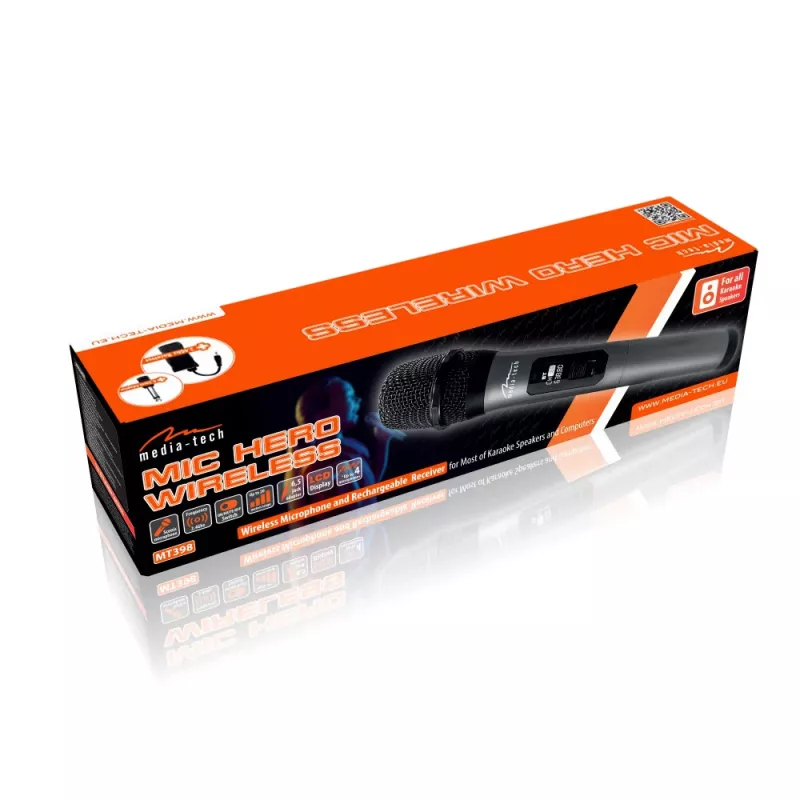 Mikrofon karaoke MEDIA-TECH MT398 bezprzewodowy, USB-C, bateria, zasięg 20 m, czarny