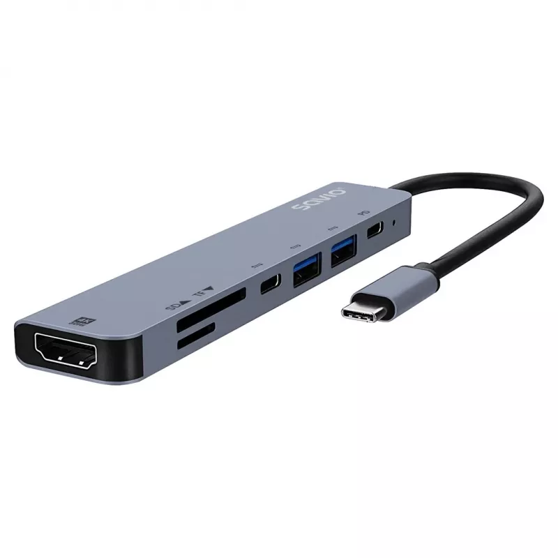 Hub USB Type-C SAVIO AK-82 z HDMI, MicroSD, USB 3.2 Gen1, PD passthrough, 4K@30Hz, 5000 Mbit/s, czarny